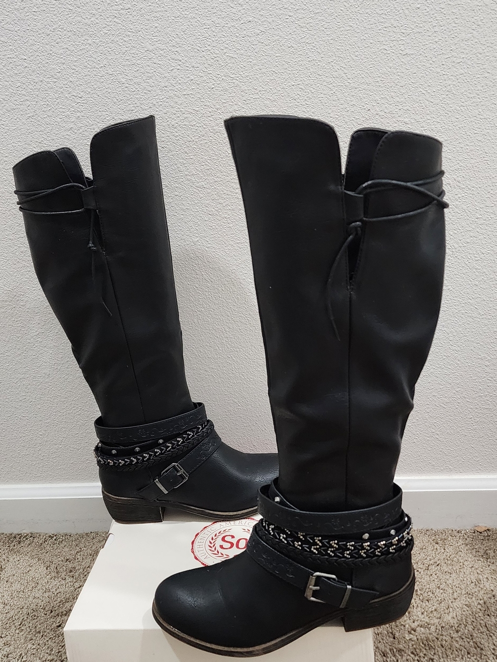 SO Black Over-the-Knee Boots with Buckle & Braided Straps
